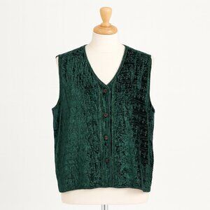 Dimanche Vintage Vest Green Velvet Embroidered Cottagecore Grandmacore Large